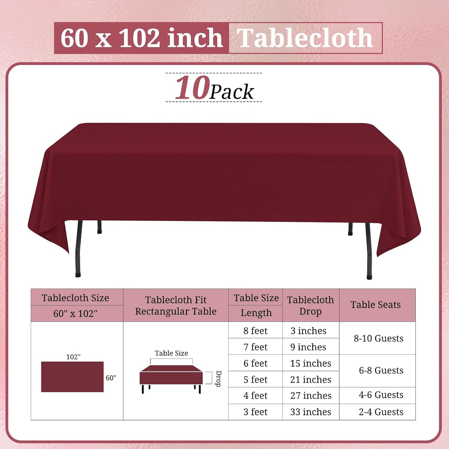 10 Pack Burgundy Tablecloths for 6ft Rectangle Tables 60 x 102 Inch - Polyester Table Cover Stain and Wrinkle Resistant Washable Fabric Table Clothes for Wedding Party Banquet Reception Restaurant