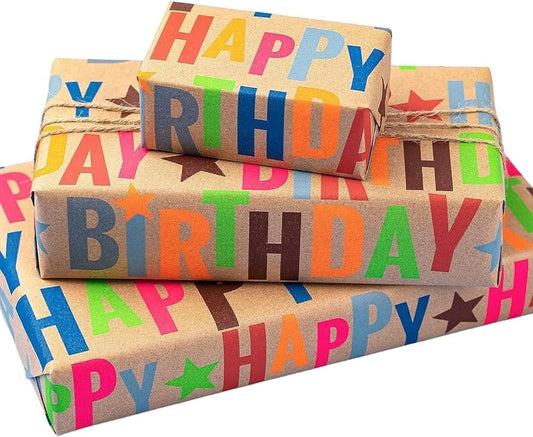 LaRibbons Birthday Wrapping Paper Roll for Kids, 17 Inch x 16.5 Feet Kraft Gift Wrap Paper with Colorful Text Happy Birthday Pattern for Boys Holiday Party