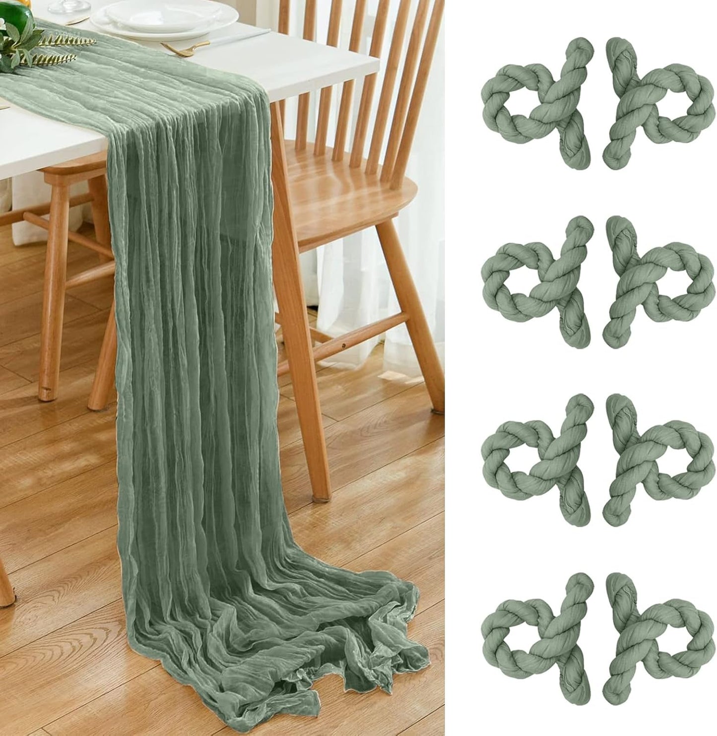 8 Pack 10Ft Sage Green Cheesecloth Table Runner 35x120 inch Boho Gauze Cheese ClothsTable Runners Long Wrinkled Sheer Romantic Table Runner for Wedding Bridal Shower Birthday Party Table Decor