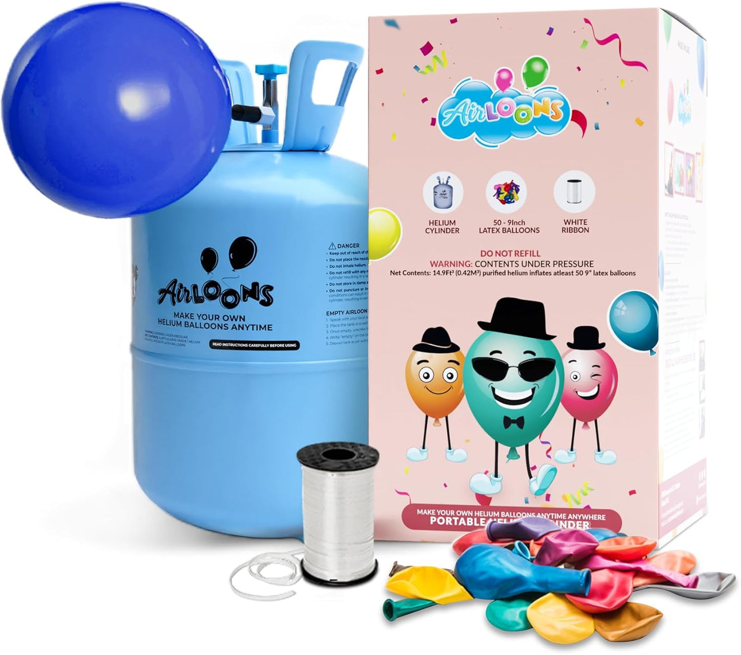 Airloons Helium Balloon Kit with 14.9 Cu Ft Tank – Includes 50 Multicolor 9 inch Latex Balloons, Ribbon & Easy to Fill Nozzle – Easy Setup for Birthdays, Weddings, Baby Showers, DIY Party Décor