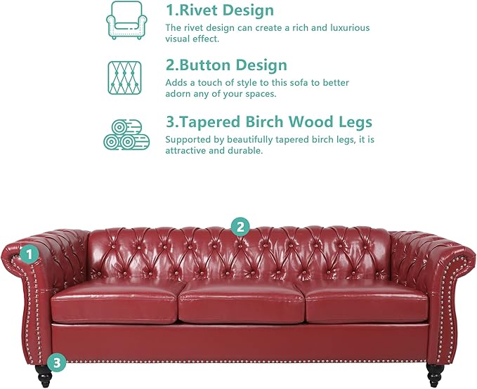 Chesterfield 3 Seater Sofa, Modern Leather Tufted Couch 3 Seater - Image 4