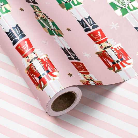 LeZakaa Christmas Pink Wrapping Paper Jumbo Roll for Kids, Pink Metallic Foil Gift Wrap Paper with Red & Green Nutcracker Soldier & Stripe Reversible Design, 30 inches x 32.8 Feet