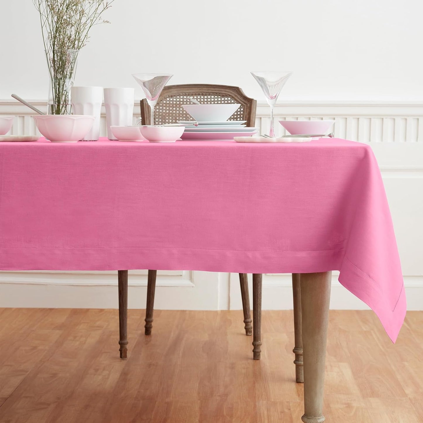Solino Home Linen Tablecloth for Rectangle Tables 60 x 90 Inch - 100% Pure Linen Flamingo Pink Table Cloth - Fete, Machine Washable Cloth Tablecloth for Halloween