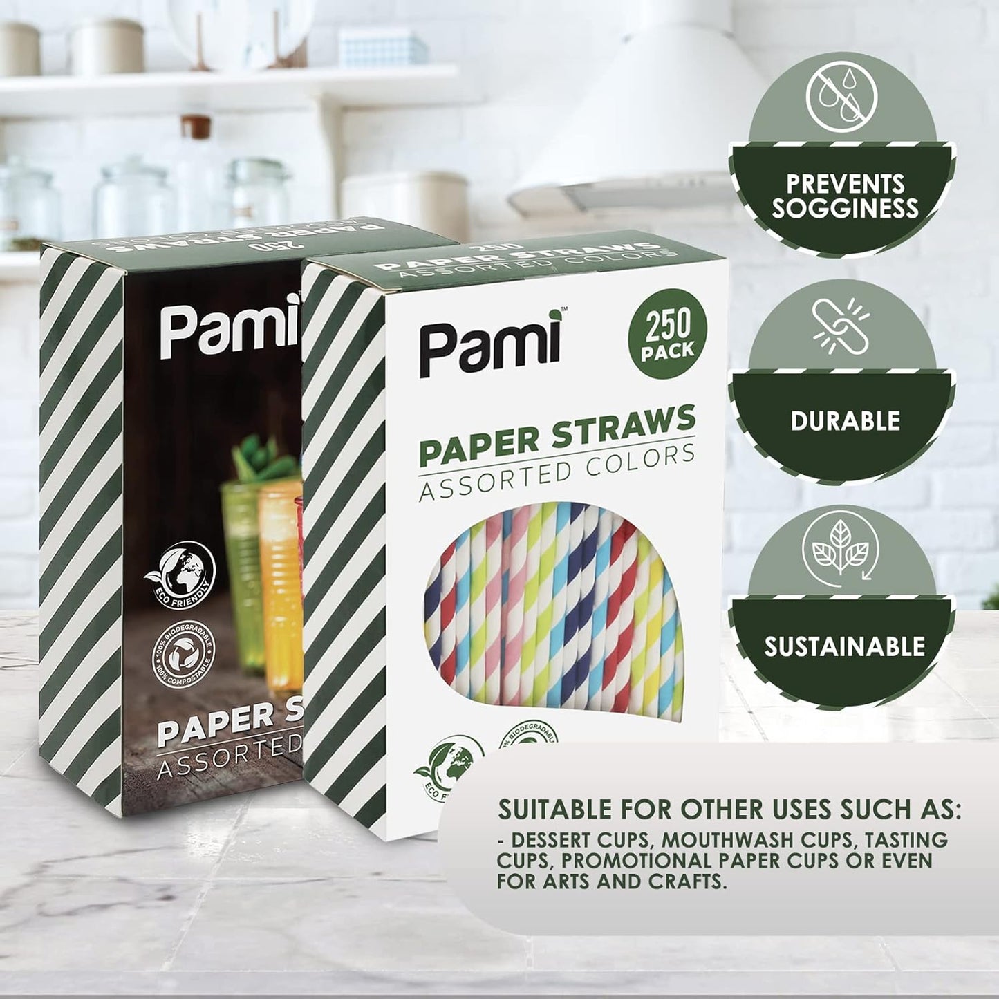 PAMI 250-Pack Compostable Paper Straws for Drinking, Assorted Colors Including Pink, Pfas- Biodegradable Sturdy for Coffee Juice Cocktails Parties