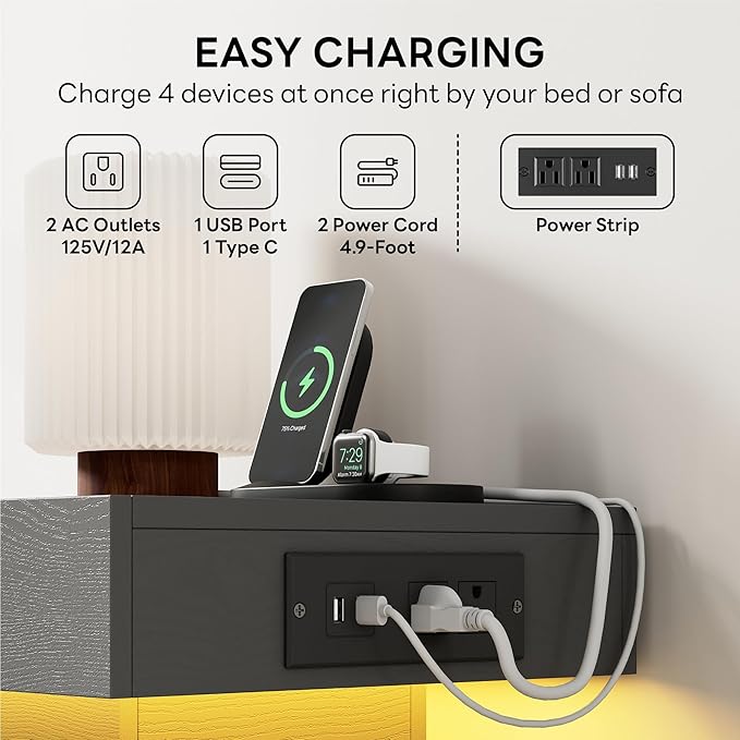 LIKIMIO Night Stand with Charging Station, Modern Grey Nightstand with LED - Image 5