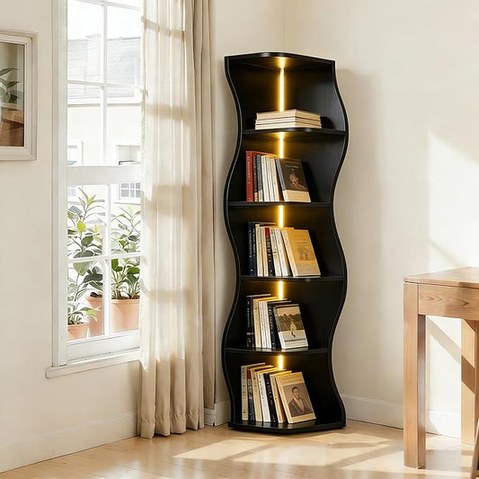 VECELO Wavy Corner Shelf with LED Light, Decorative 6-Tier Corner Display by VECELO
