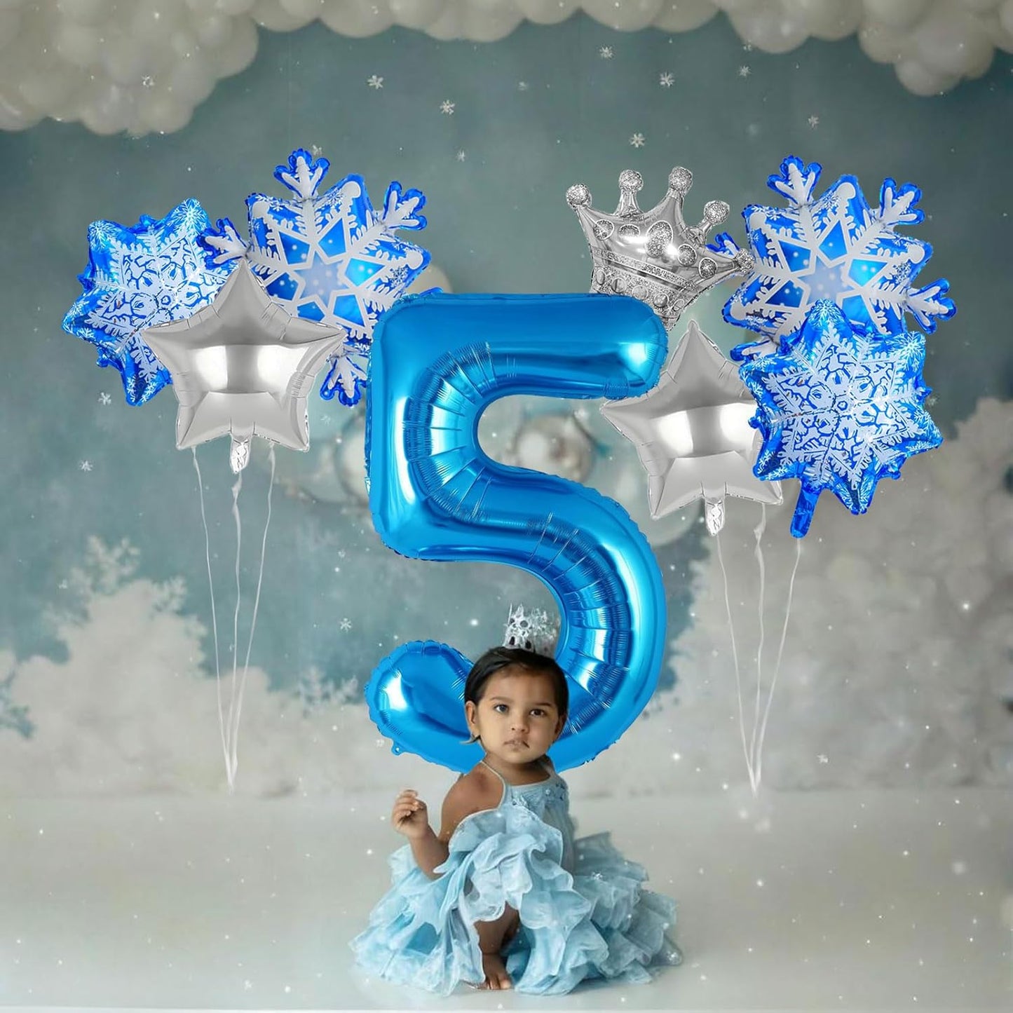 8Pcs Winter Wonderland Decorations - 40inch Blue Number 5 Balloons - snowflake balloons for Winter Wonderland Birthday Decorations