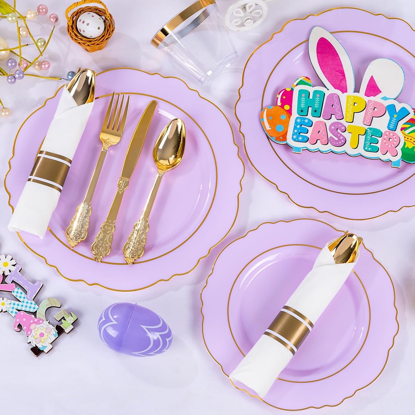 Liacere 350PCS Purple Plastic Plates - Disposable Light Purple and Gold Plates 50guest Baroque Plastic Dinnerware include 100Plates, 50Pack Pre Rolled Napkins with Silverware 50Cups for Mother's Day