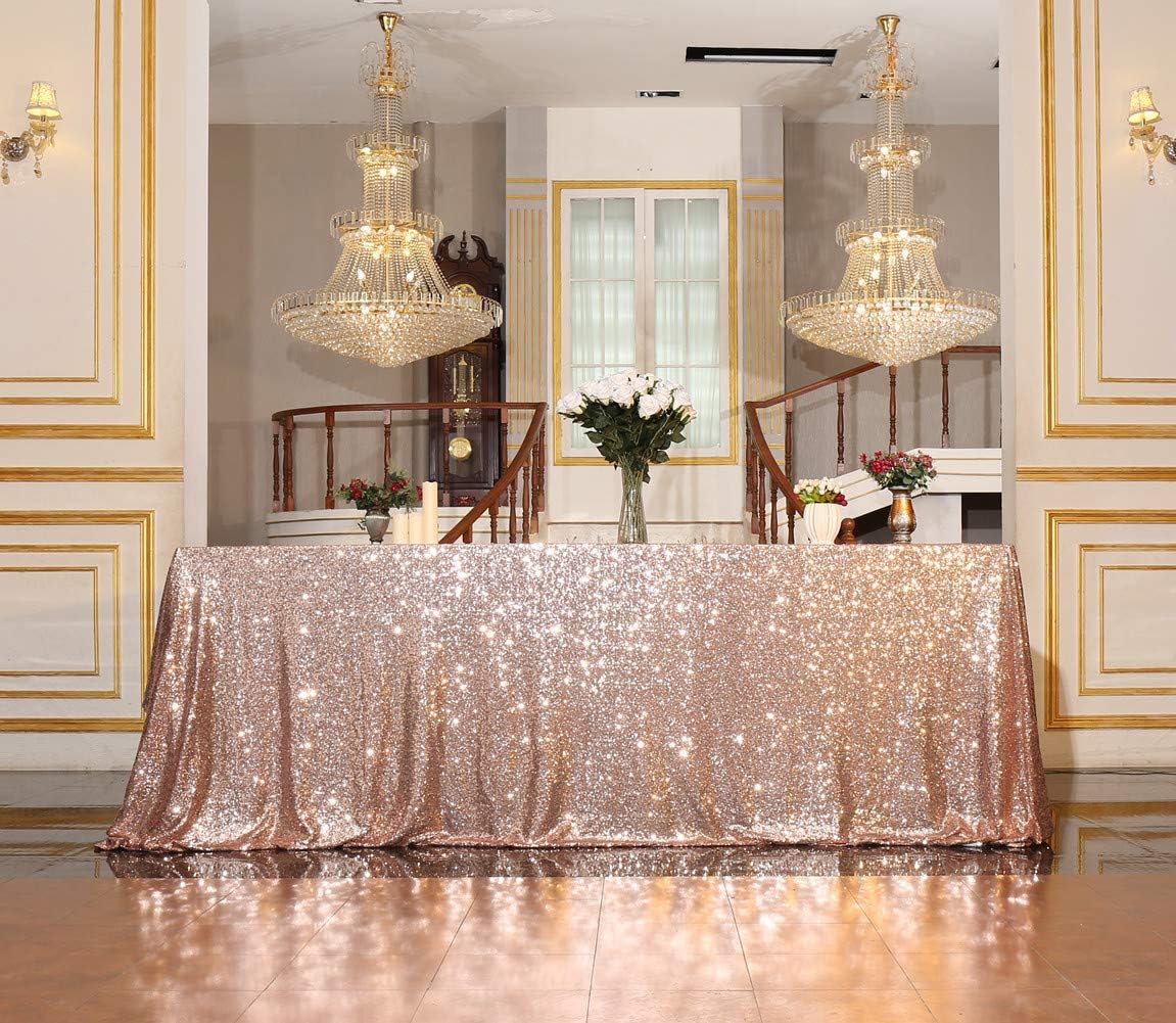SquarePie Sequin Tablecloth 90 x 156 Inch Rose Gold Sparkly Table Linen for Wedding Party