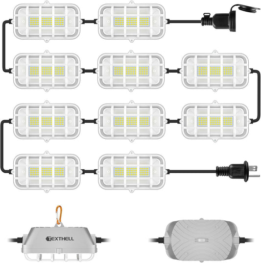 100ft LED Construction String Lights 300W Super Bright 30000LM Work Lights String Connectable Design for Workplace, Warehouse, Garage, RV, Indoor and Outdoor Weatherproof Temporary Lighting