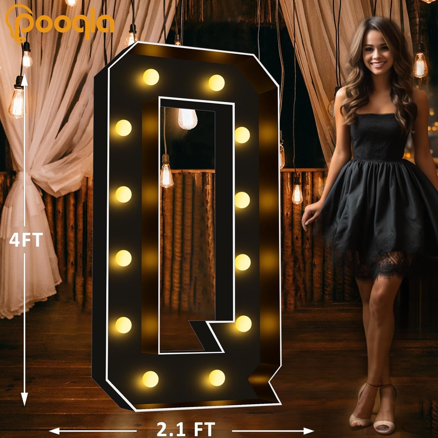 Pooqla 4 FT Marquee Light Up Letters, Black Marquee Letter Lights 4 Feet Tall, Giant Mosaic Sign Big for Balloons Birthday Party Anniversary Wedding Decorations, Warm White Letter Q