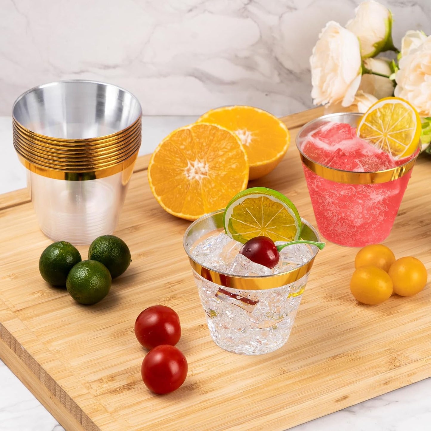 Goodluck 100PCS 9oz Gold Plastic Cups for Party, Disposable Gold Rim Cups, Plastic Cocktail Glasses for Wedding Thanksgiving, Christmas, and Parties