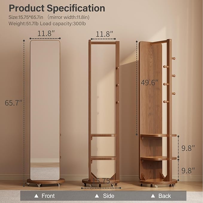 WoodsWhisper Full Length Mirror Coat Rack Solid Wood Floor Mirror 66"x12" Full - Image 2