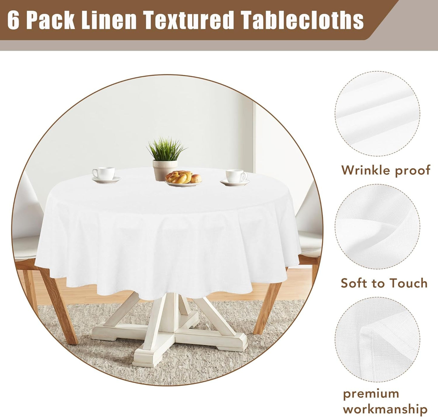 Fitable Faux Linen Round Tablecloths 90 Inch, 6 Pack - Fabric Textured Table Clothes for Round Folding Tables, Washable Neutral Table Covers for Wedding, Party, Banquet, Birthday, White