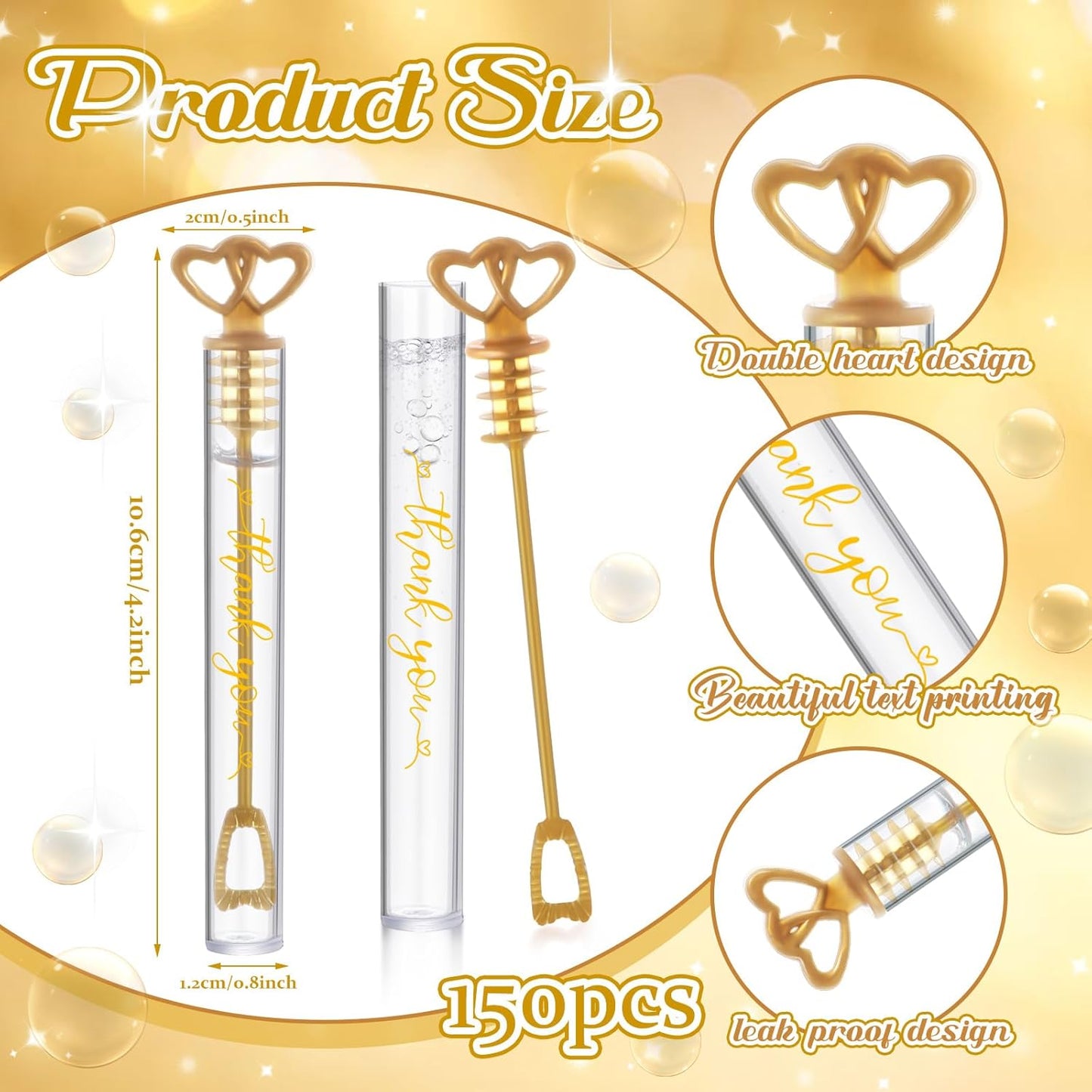 150 Pcs Bubble Wands Bulk for Wedding Party Mini Heart Wand with Bubble Solution for Wedding Bridal Showers Valentine Anniversary Graduation Birthday Supplies(Gold,Thank You)