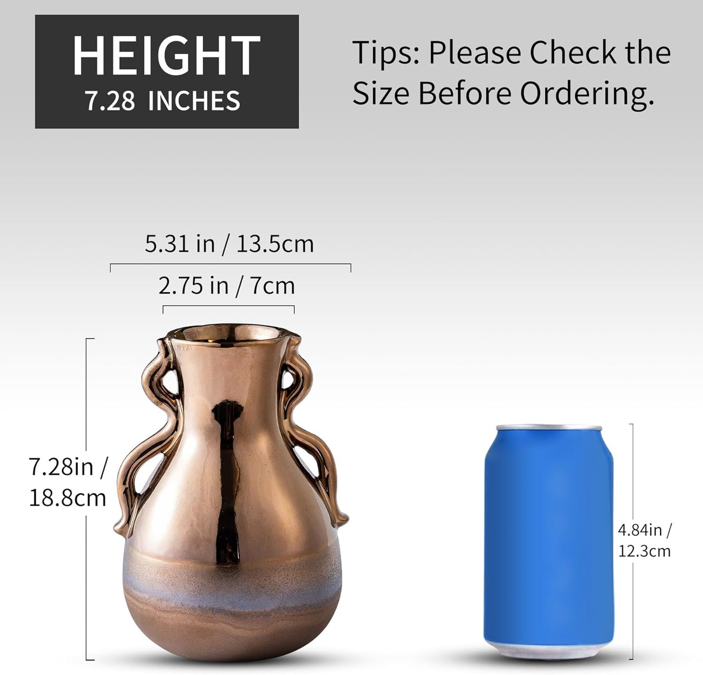 Gold Ceramic Vase with Handles, Brown Rustic Farmhouse Vintage Flower Vases Home Decor, Modern Amber Brown Tall Centerpiece Floral Small Vase for Living Room, Bedroom, Office Metal Glaze Finish 7.3 In