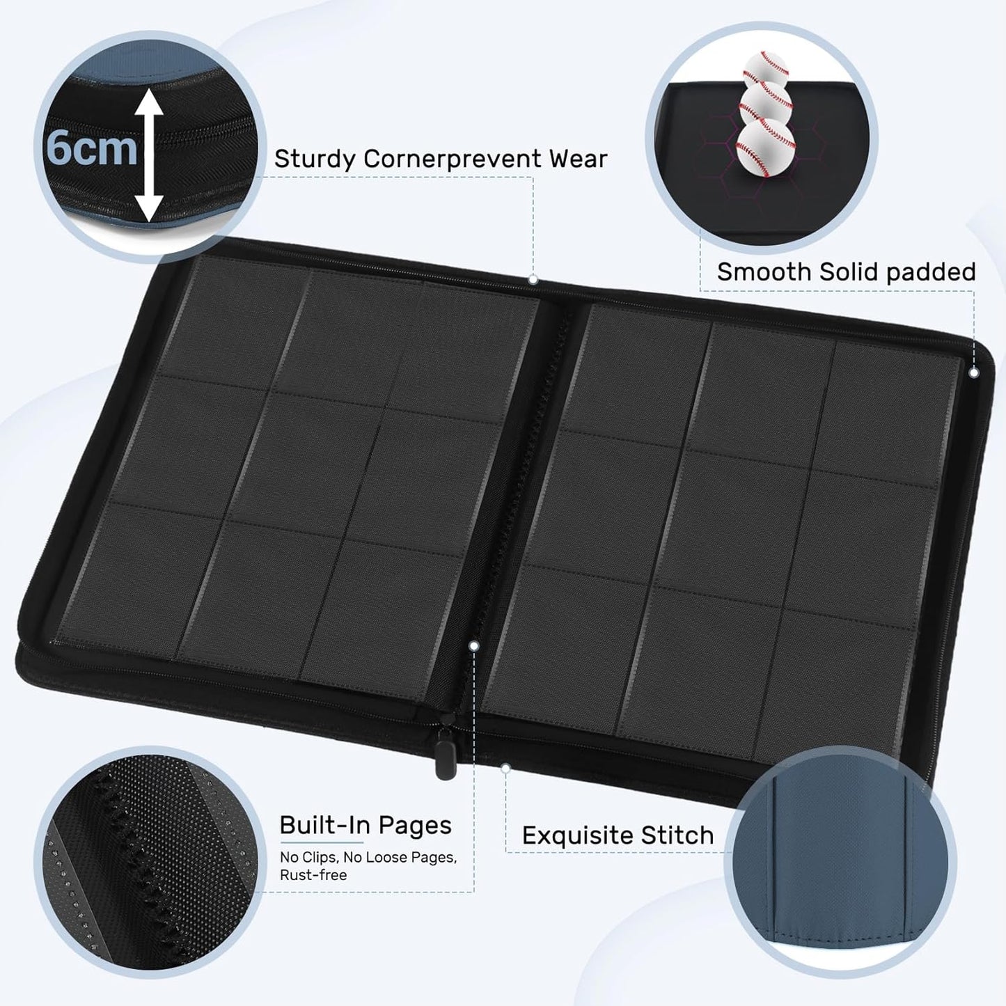 Card Binder 9 Pocket, Premium Zip Trading Card Binder, 540 Double Sided Pocket PU Collection Binder, Side-Loading Collector Album, Card Folder for MTG, TCG, Sports Cards, Navy Blue