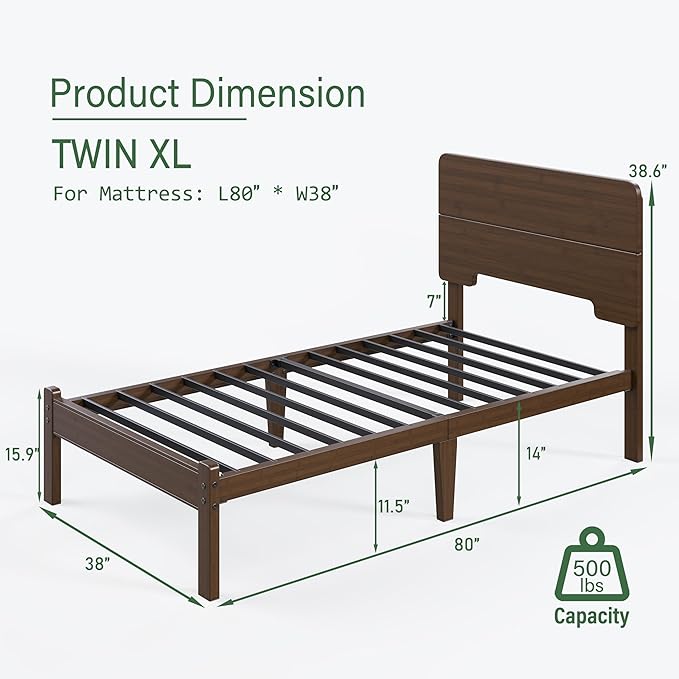 BOSRII 14in High Solid Bamboo Wood Platform Twin XL Bed Frame - Image 2