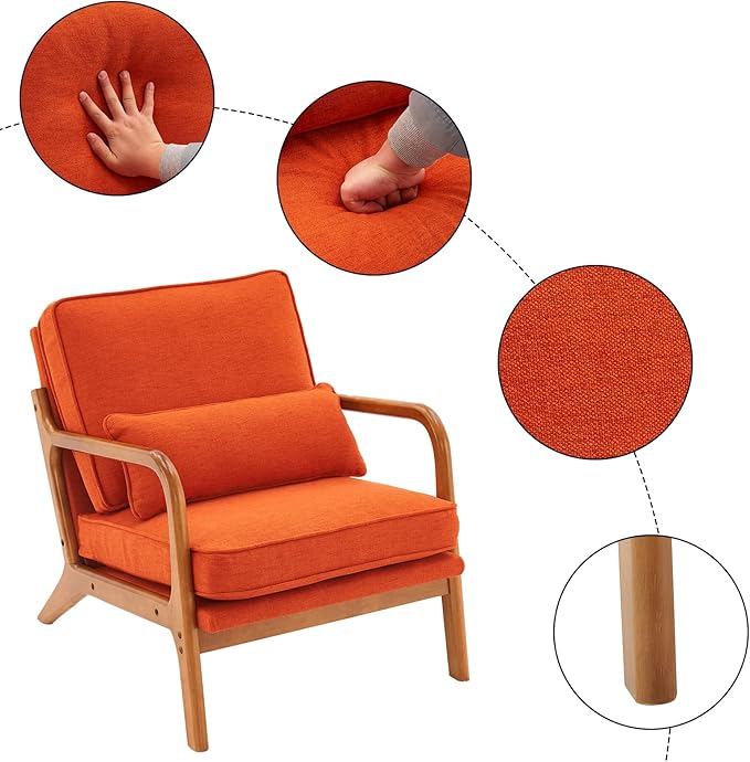 VINGLI Linen Burnt Orange Comfy Accent Chair, Mid Century Modern Lounge Armchair - Image 3