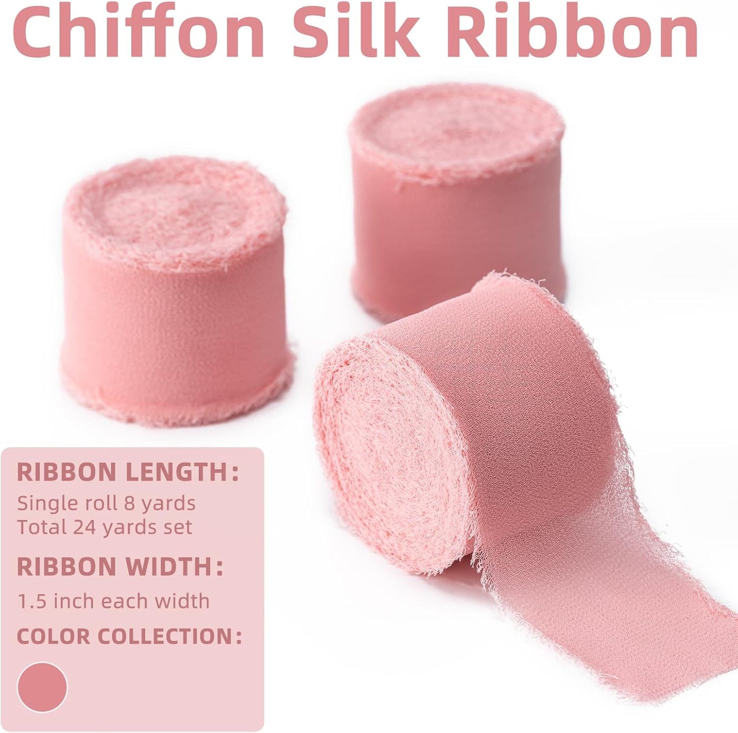 Blush Pink Handmade Chiffon Ribbon,1.5Inch x 3 Rolls Total 24 Yards Blush Pink Fringe Chiffon Silk Ribbon,for Wrapping Wedding Invitations,Bridal Bouquets,DIY Crafts,Home Decor and More