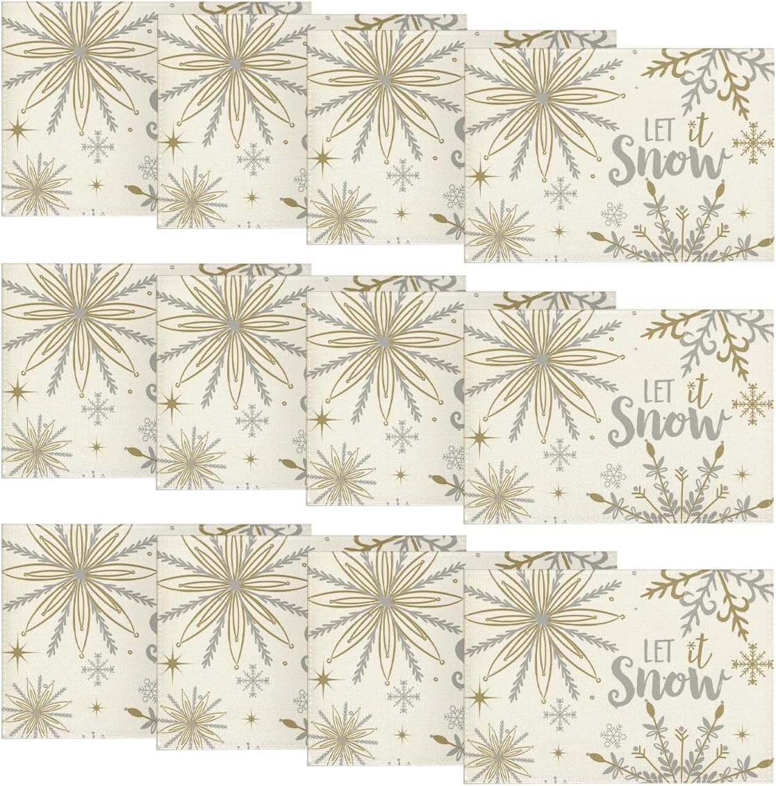 Artoid Mode Beige Snowflake Let It Snow Winter Placemats Set of 12, 12x18 Inch Seasonal Christmas Table Mats for Party Kitchen Dining Decoration