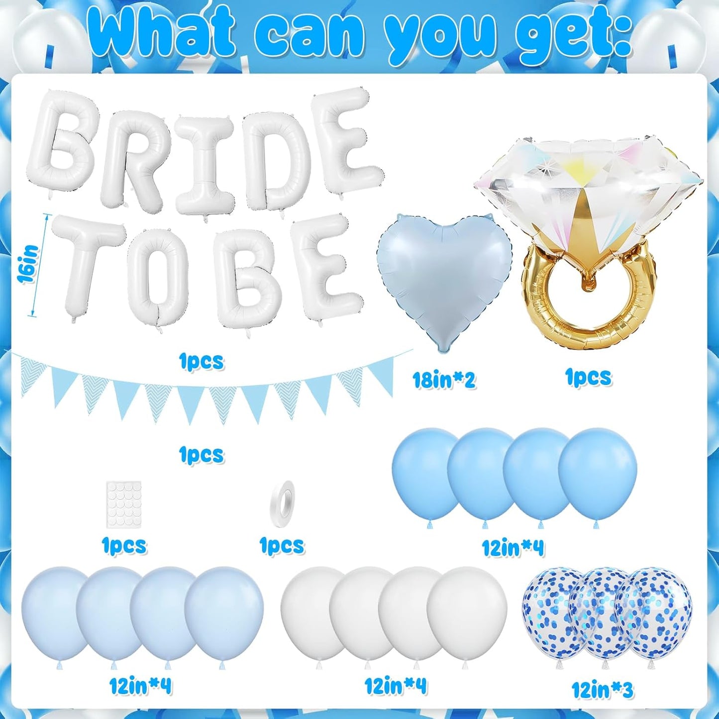 Blue White Bachelorette Party Decorations, White Bride To Be Bridal Shower Balloons Decorations, Blue Confetti Balloons with Diamond Ring Baby Blue Heart Balloon for Bachelorette Engagement Wedding