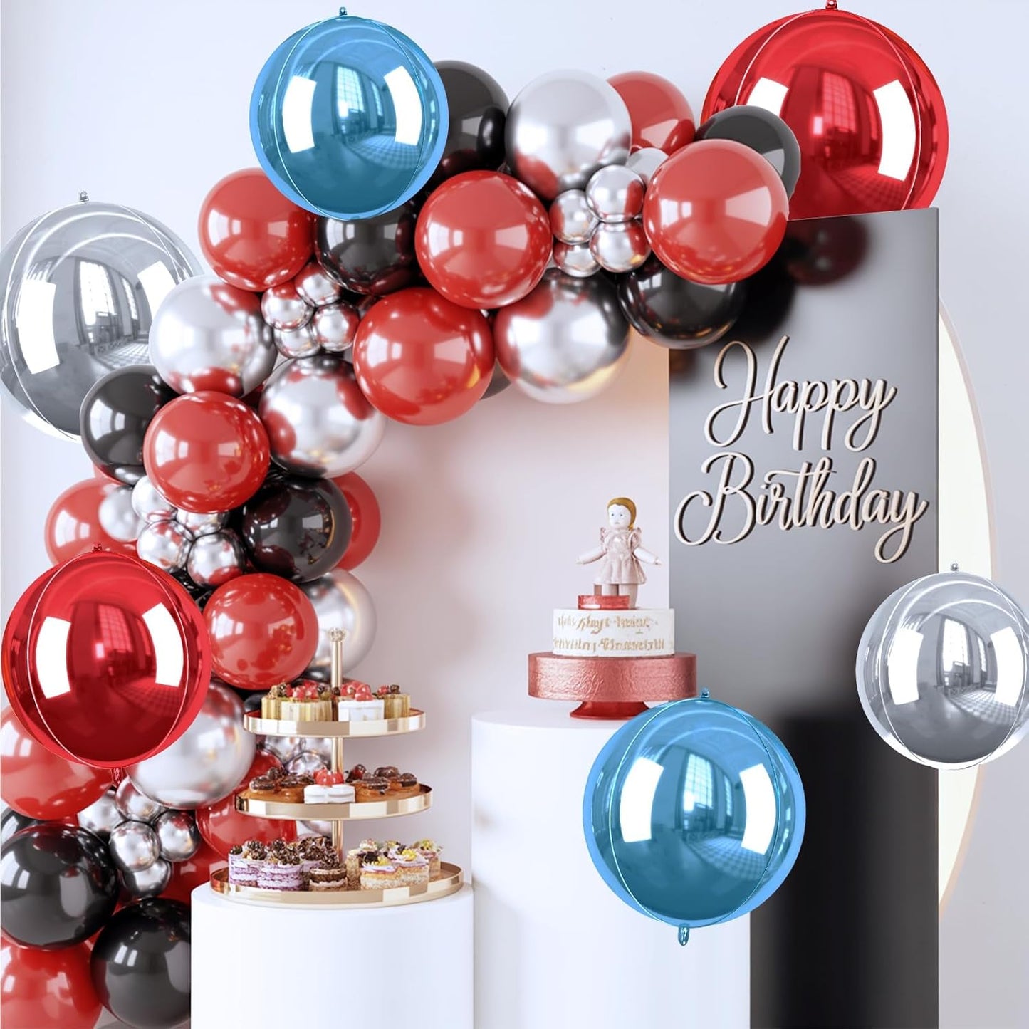 Red Blue Silver Giant 4D Foil Balloons, 6 Pcs Large Metallic Red and Blue Round Balloons, 22 Inch Big Round Foil Balloon for Birthday Party Baby Shower Graduation Wedding Decorations