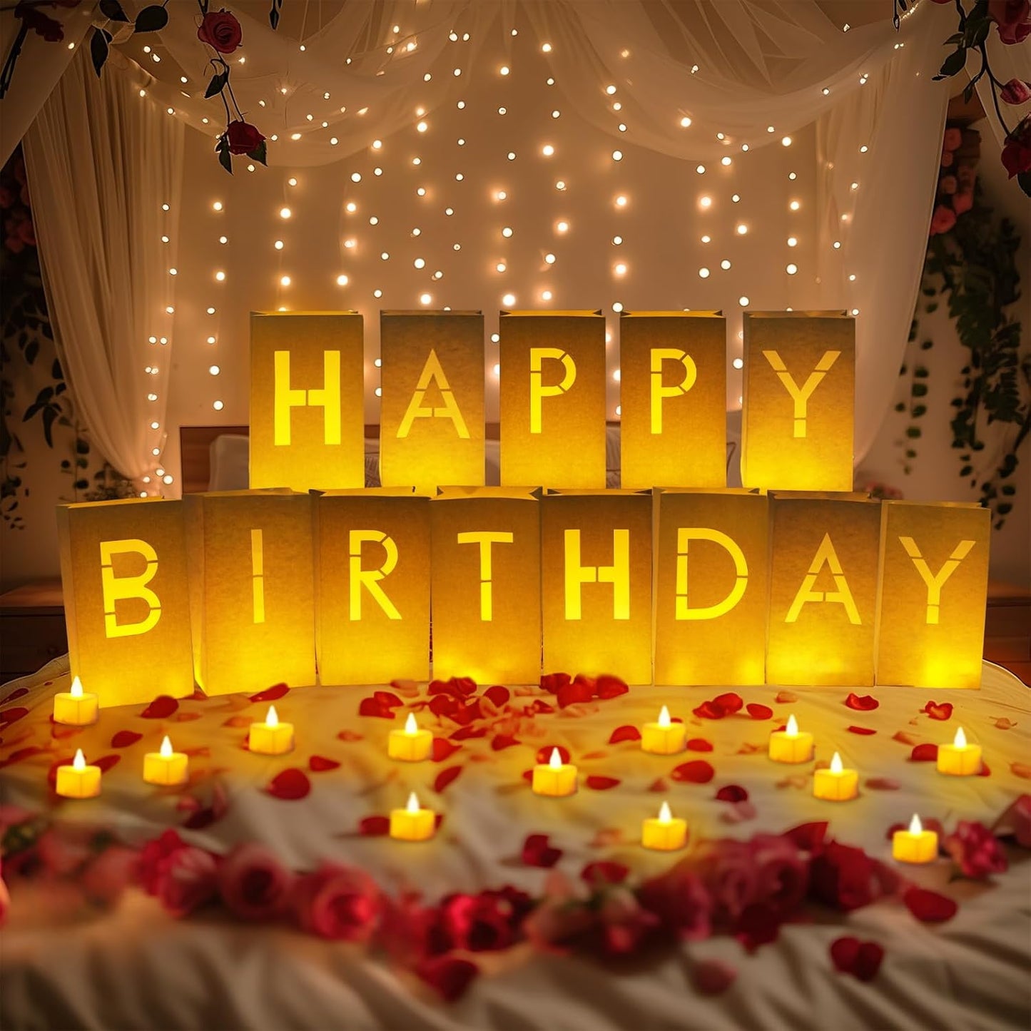 Homemory Happy Birthday Light Up Letters Luminary Bags with Flameless Candles and Fake Rose Petals, Happy Birthday Sign Party Decoration for Women Men