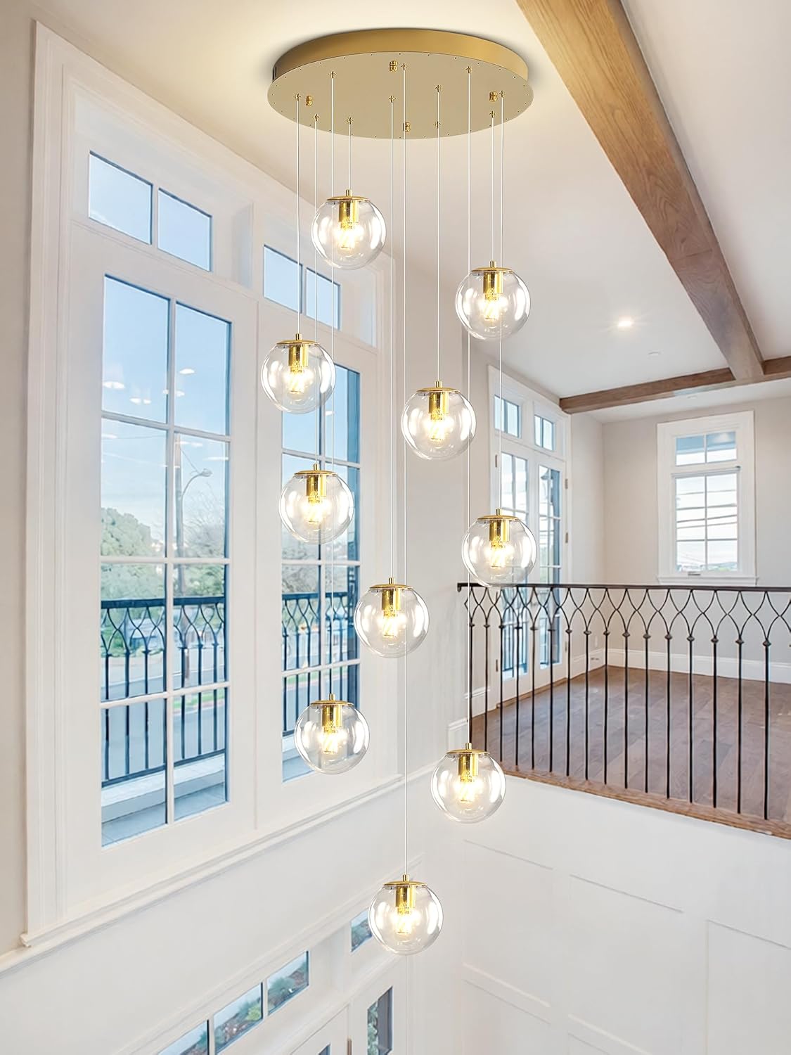 H118 Modern Glass Globe Chandelier Staircase Chandelier for Entryway 12-Lights Glass Globe Pendant Light Large Chandeliers for High Ceiling Foyer Stairwell