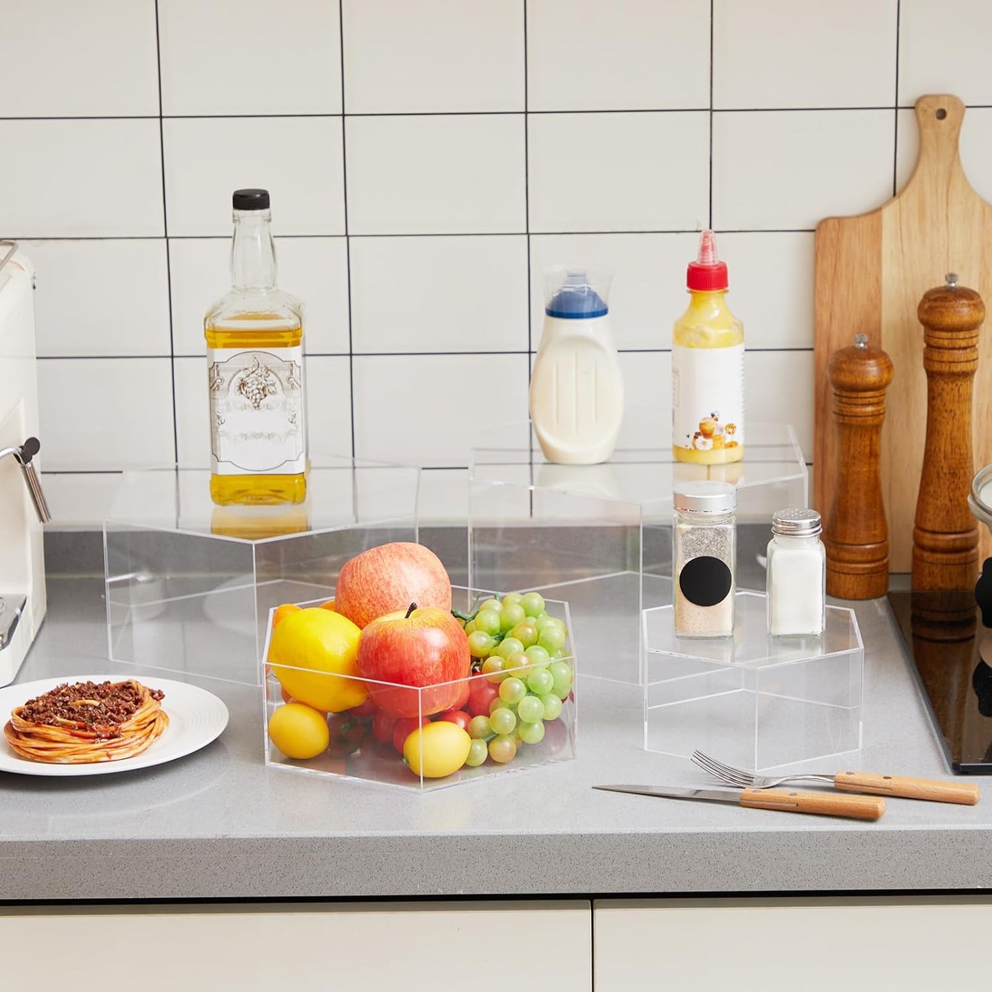 Leinuosen 7 Pcs Large Buffet Risers Set 6" to 12" Acrylic Display Box Catering Dessert Table Riser Food Display Decorative Stand with Hollow Bottom for Catering Supplies(Clear, Hexagonal)