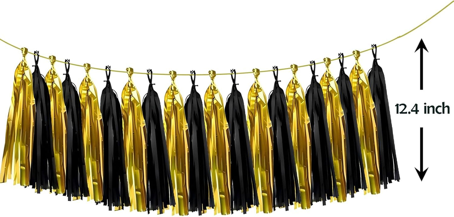 ZOOYOO Shiny Tassel Garland Tissue Paper Tassel Banner Table Decor,DIY Kits for Birthday,Wedding,Bridal Shower,Bachelorette,Graduation,Anniversary,New Year Party Decorations,Pack of 20(Black Gold)