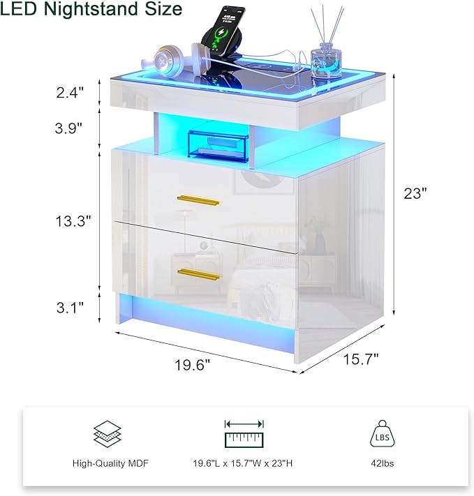HNEBC LED Nightstand with Charging Station High Gloss Bedside Table with 2 - Image 2