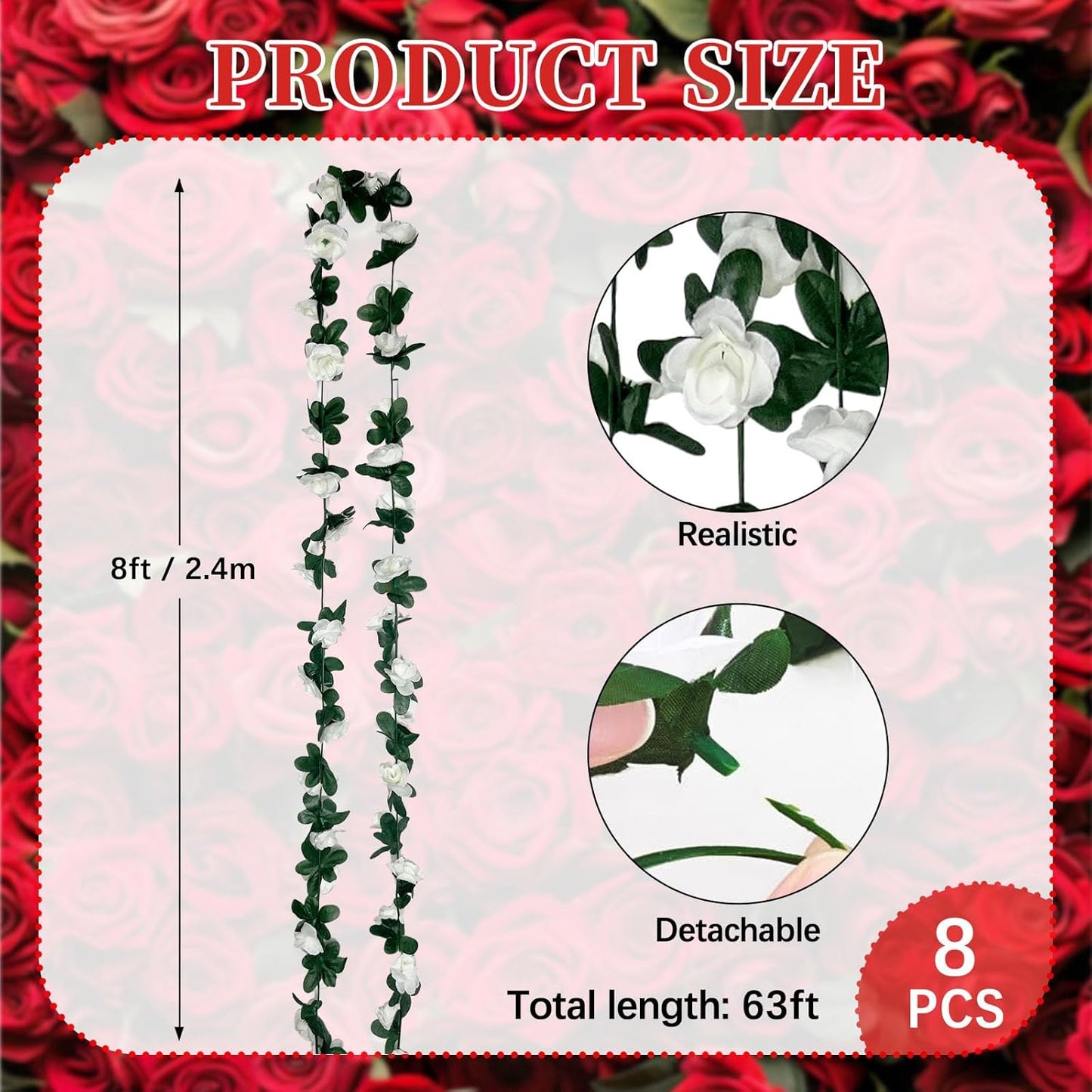 8Pcs 63Ft White Rose Garland, Fake Rose Hanging Flowers, Artificial Flower Vine, Hanging Floral Vine Garland for Wedding, Birthday Party, Wall Arch, Halloween, Christmas Garden Backdrop Decor