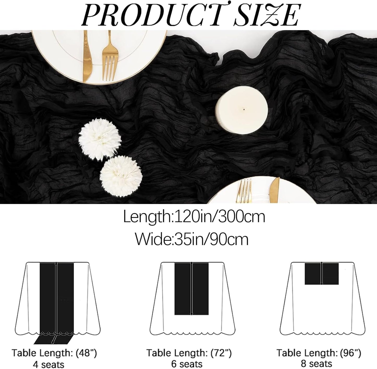 16PCS Black Cheesecloth Table Runner 10FT 35x120Inch Boho Gauze Cloth Long Rustic Sheer for Wedding Party Baby Bridal Shower Decor