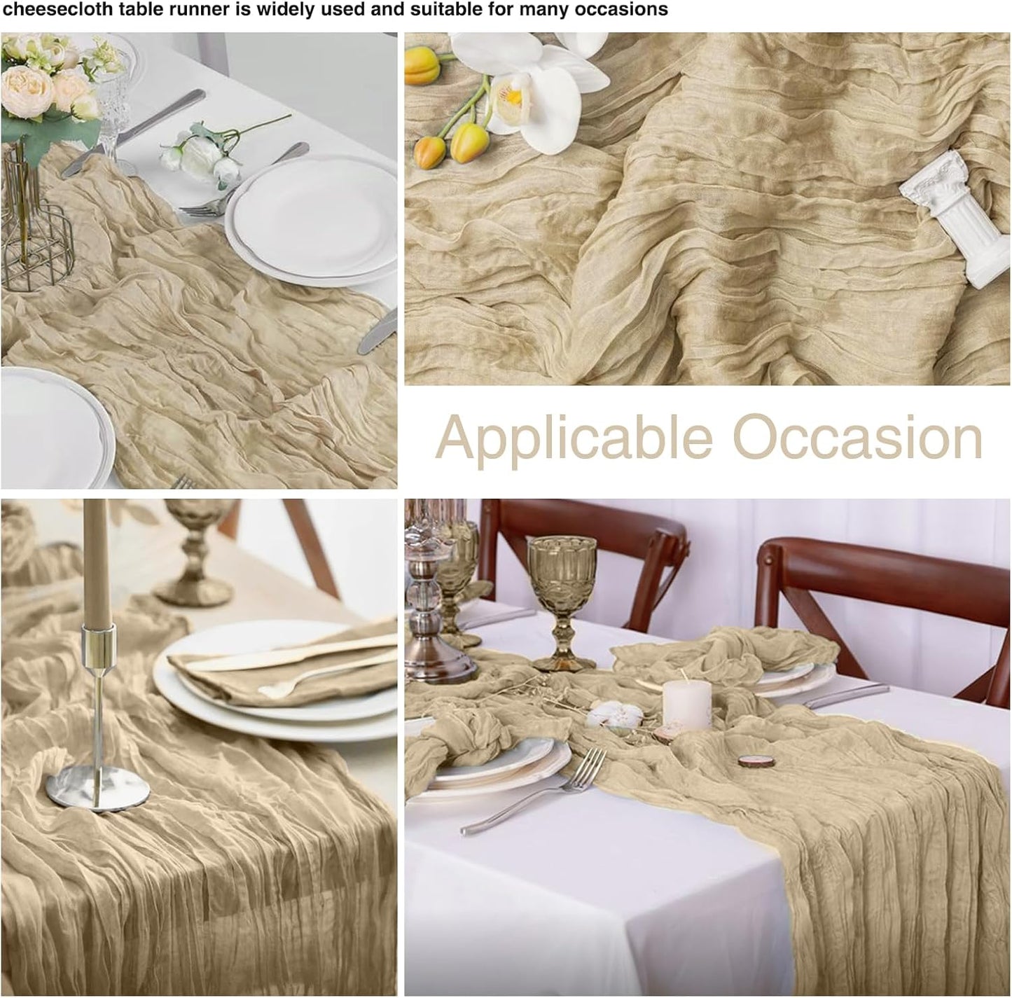 6 Pack Beige Cheesecloth Table Runner 21x120 Inch Boho Wrinkled Sheer Romantic Gauze Decor for Wedding, Bridal Shower, Birthday Party