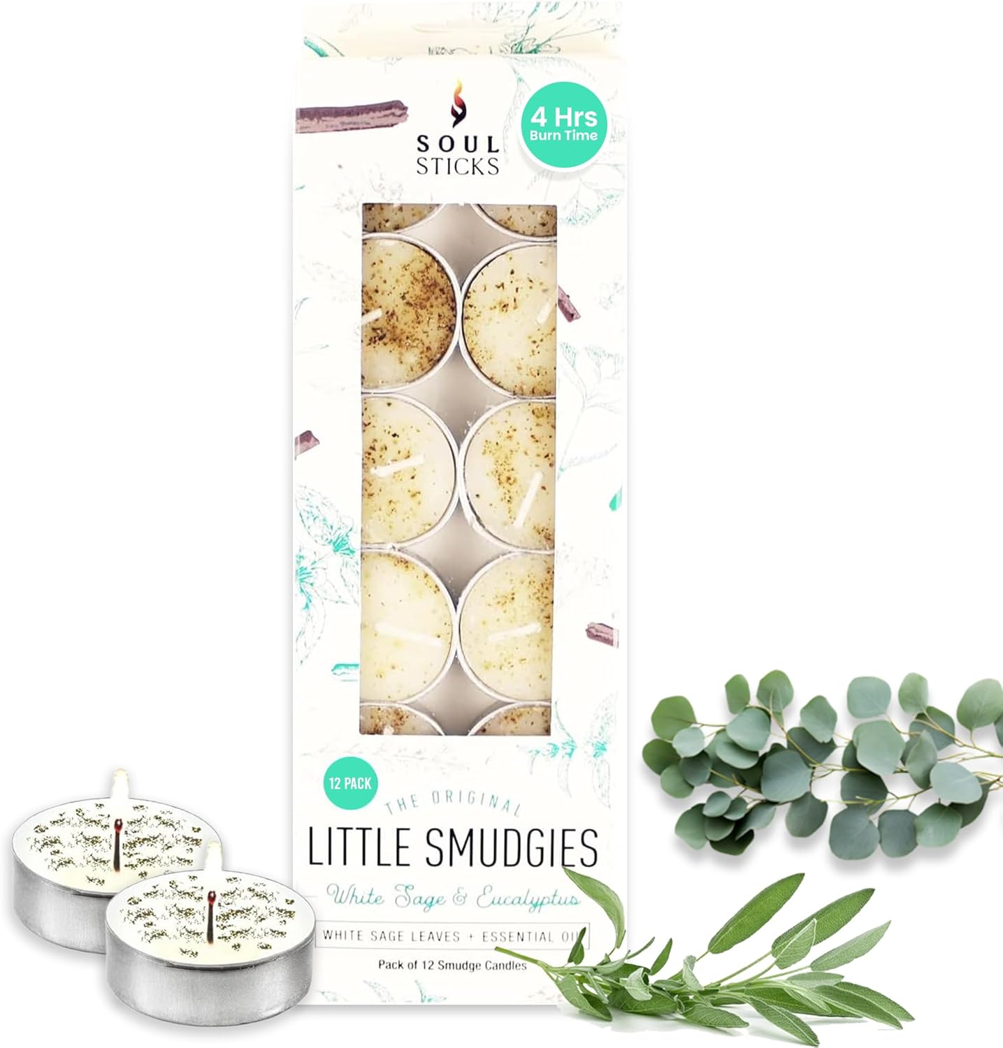 SOUL STICKS 12 Pack Little Smudgies Tealight Candles Smudge Candle for Cleansing House, Meditation, Chakra Healing | Made with Crystals and Herbs (White Sage & Eucalyptus)