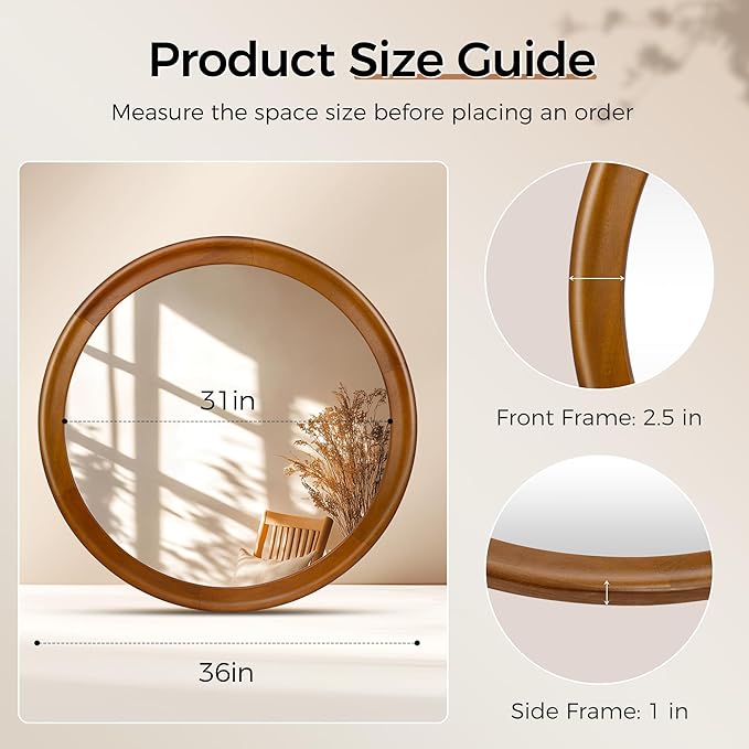 Round Wood Mirror for Wall, 36 Inch Circle Decorative Mirror - Image 8