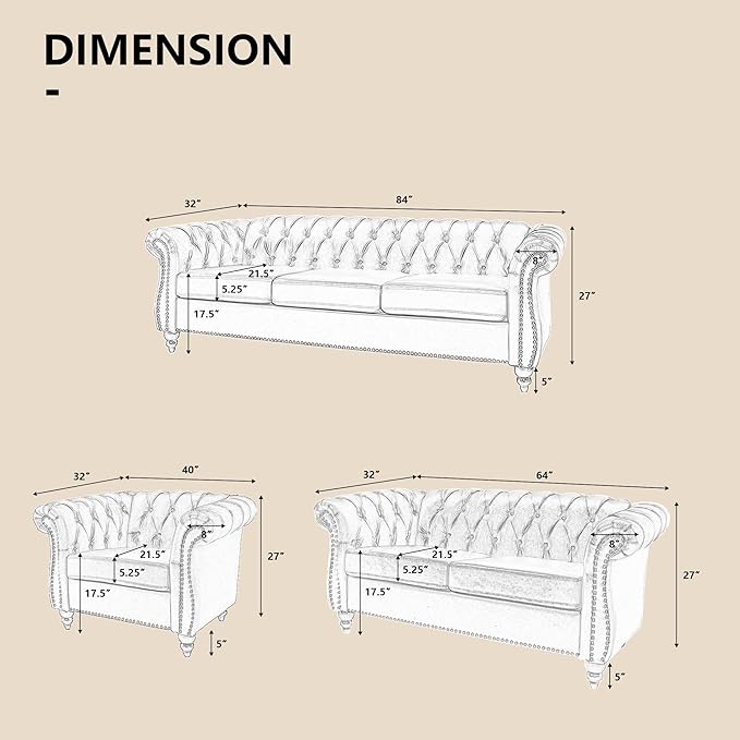 QHITTY 2 Piece Living Room Set, Sectional Chesterfield Sofa Chair Contemporary - Image 3