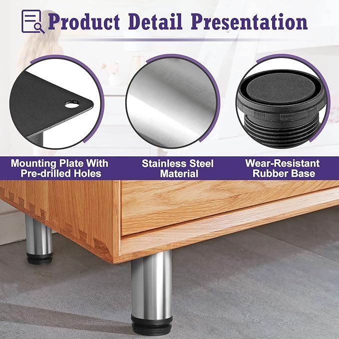 16 Inch Metal Furniture Legs Stainless Steel Adjustable Legs Silver Metal Legs - Image 3