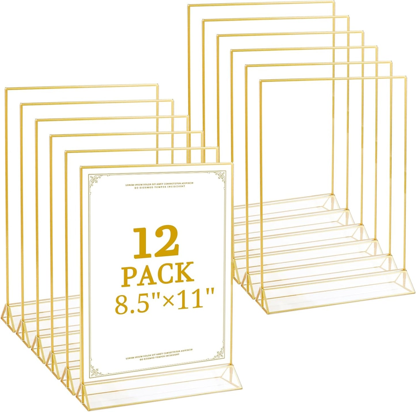 Floroom 12 Pack 8.5x11 Inch Clear Acrylic Sign Holders, Double-Sided Gold Display Stand Picture Frames for Table Numbers, Menus, Flyers, Weddings, and Offices