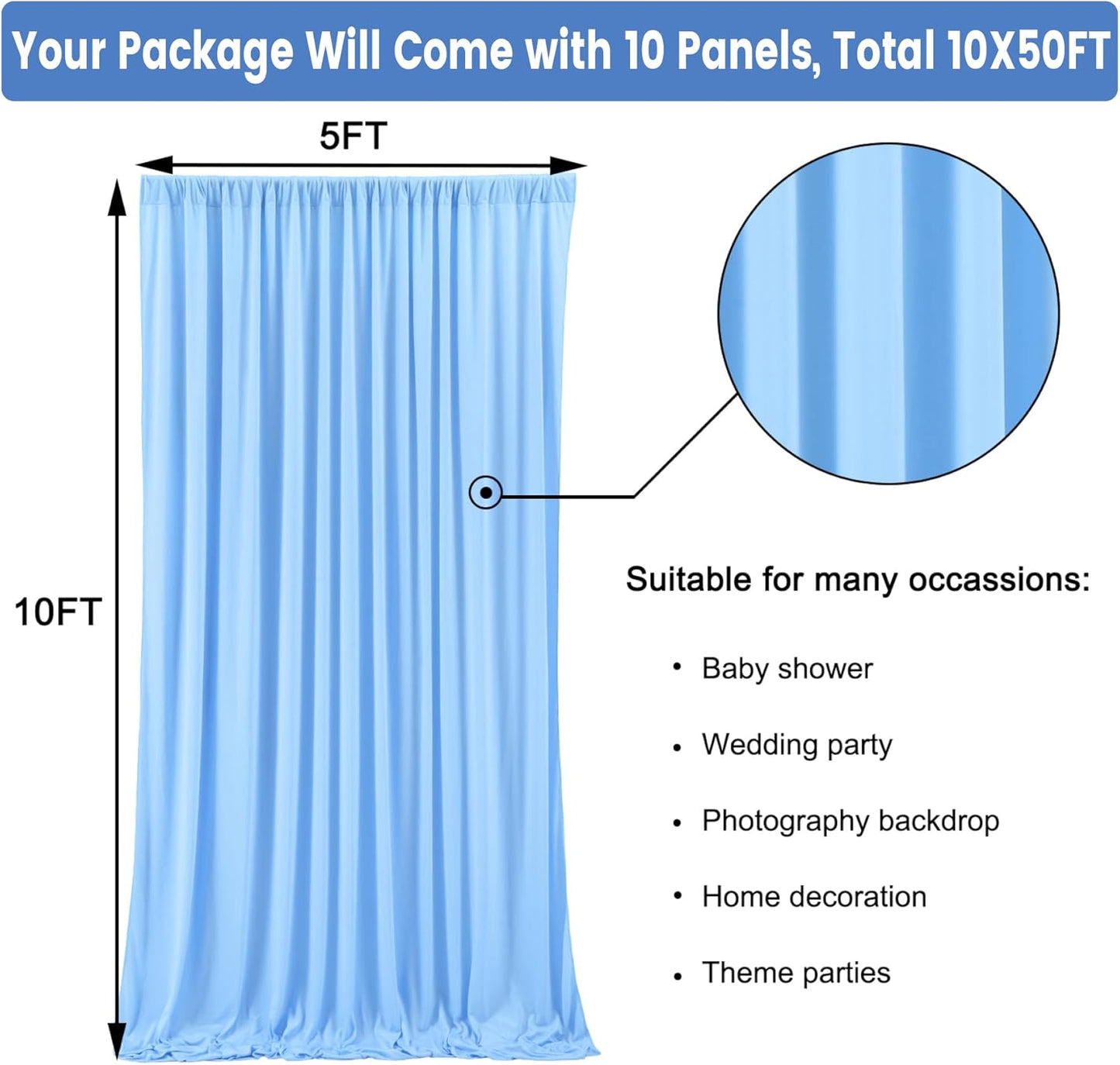 50 ft x 10 ft Wrinkle Free Blue Backdrop Curtain Panels, Polyester Photography Backdrop Drapes, Wedding Party Home Decoration Supplies