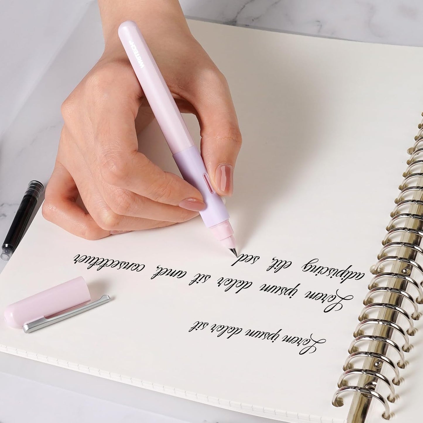 WRITECH Fountain Pen Soft Grip: Fine Nib Black Ink Pen with 3 Ink Cartridges and 1 Replacement Nib Set Smooth Writing for Journaling Calligraphy Gift (Pink)