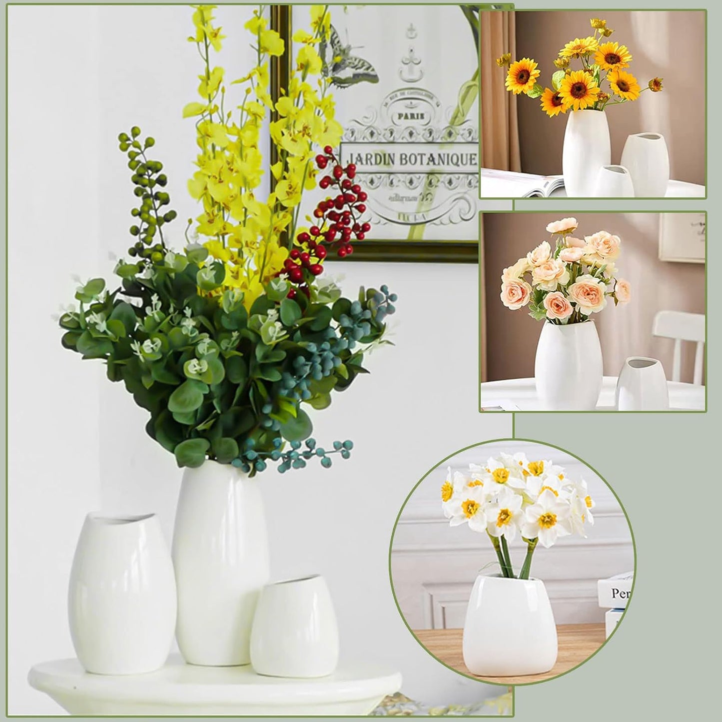 hjn Ceramic Vase Set of 3 White Flower Vase for Home Decor, Modern Decorative Vases for Flowers/Ideal Shelf Decor/Table/Living Room/Kitchen/Office-White