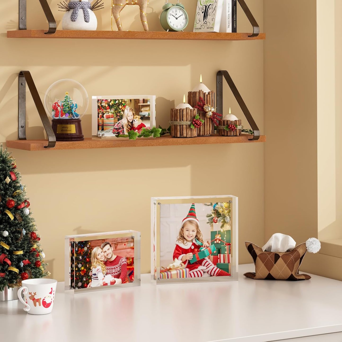 Egofine 5x7 Acrylic Frames 4 Pack, 20mm Thicker Frameless Clear Picture Frames, Double Sided Magnetic Picture Frames, Free Standing Desktop Display