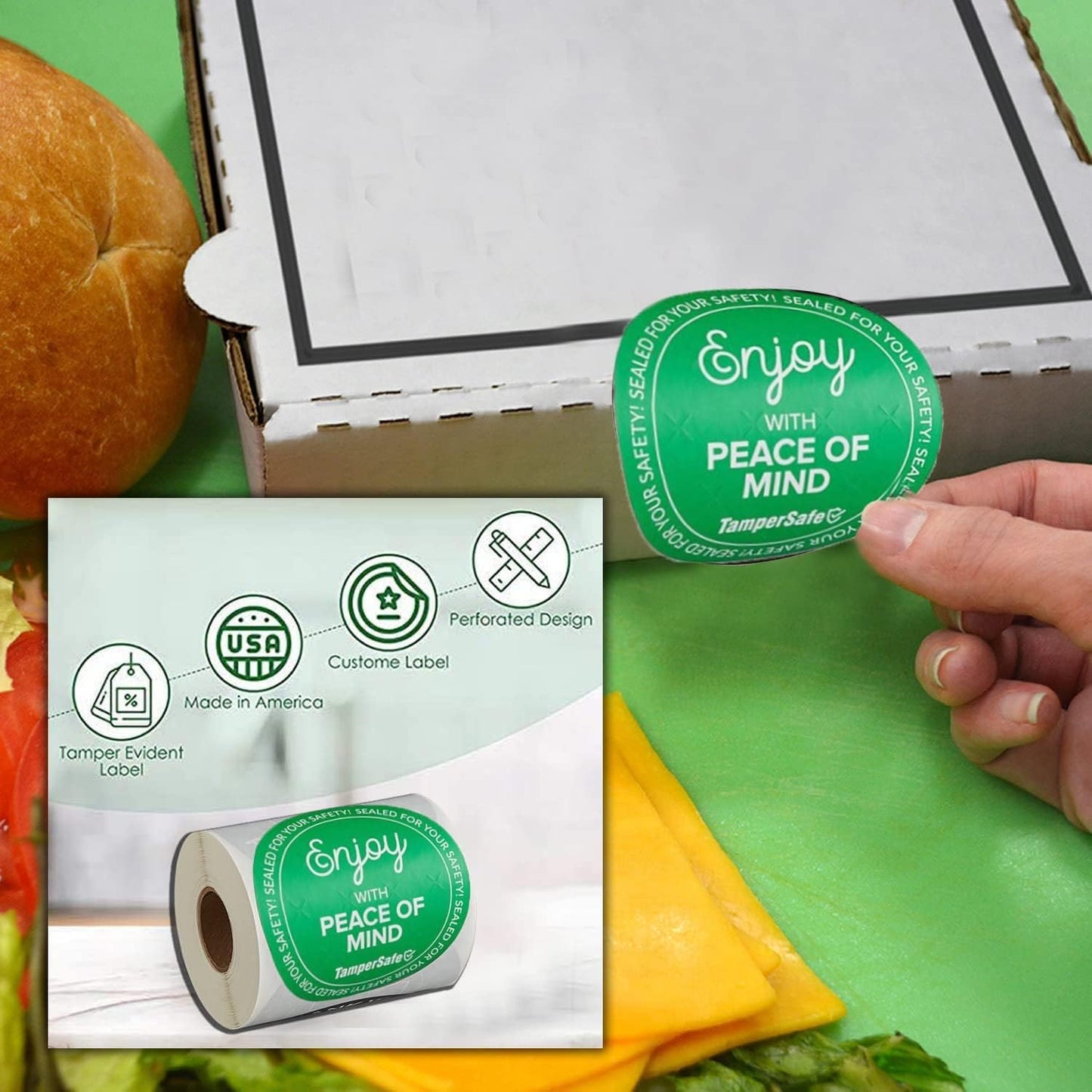Angel's Peel Lounge Tamper Proof Stickers Roll — Tamper Evident Stickers for Delivery Food Safety, Bakery Boxes, Writable Seal Tape, Thank You Labels for Packaging - 3x3in 250-COUNTS, Green, Round