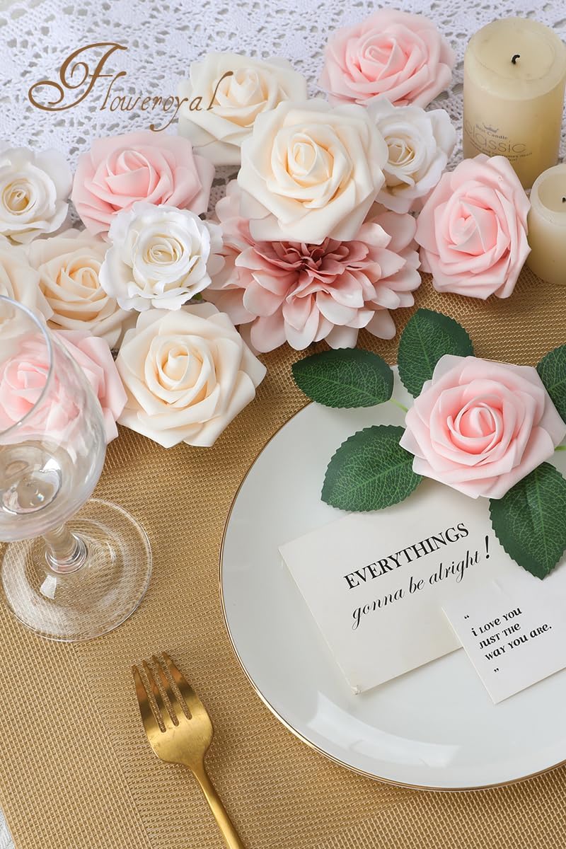 Floweroyal Artificial Pink Flowers Fake Rose Flowers Dahlia with Stems for DIY Wedding Bridal Bouquets, Baby Shower, Floral Arrangement, Table Centerpieces, Home Decorations.