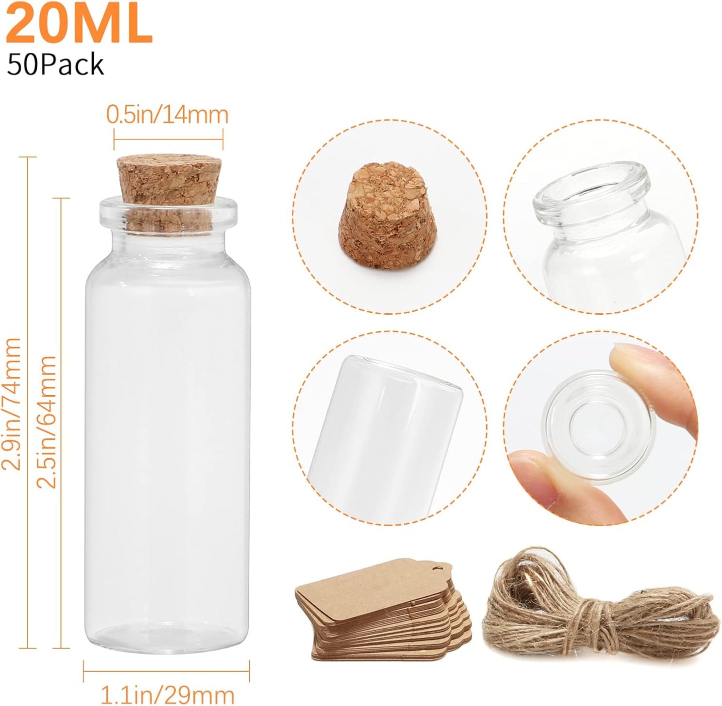 50 Pcs 20ml Mini Glass Bottles with Cork Stoppers, 29x64mm DIY Decoration Tiny Glass Jars, Mini Vials Cork, Message Wishing Bottle with Label Tags and String for Arts Crafts, Decoration, Party Favors
