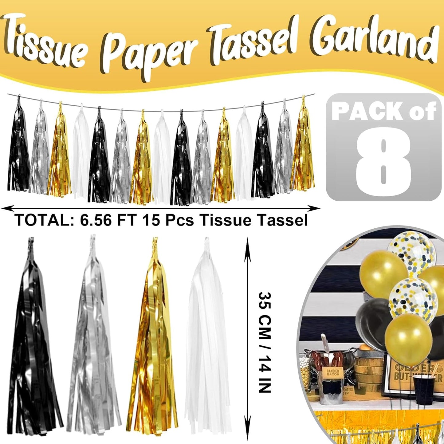 8P Black Gold Silver Foil Fringe Metallic Tassel Garland, Tassels Banner Streamers for Parade Floats, Bachelorette, Wedding, Birthday, Halloween, Christmas, Bridal/Baby Shower Party Decorations