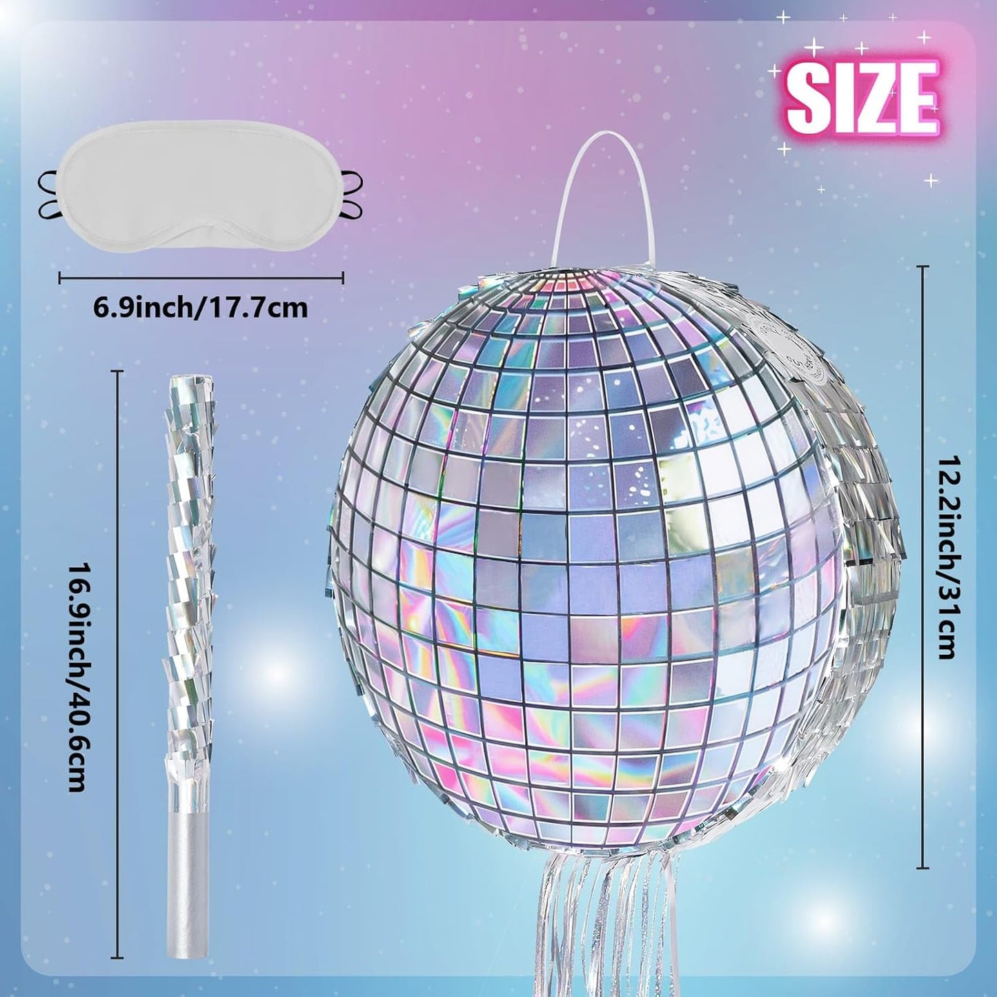 WERNNSAI Disco Ball Piñata - Disco Party Decoration for Adult Birthday Party Supplies Hanging Disco Piñata with Bat Blindfold Mirror Roller Skating Pull String, 12.2” x 12.2”