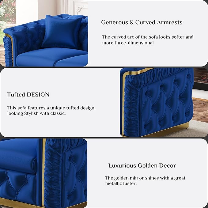 84.6" Luxury Chesterfield Sofa Velvet Tufted Sofa Black and Gold Couch - Image 4